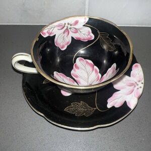 Vintage Princess Bone China Tea Cup/Saucer Made in Occupied Japan Flower/black
